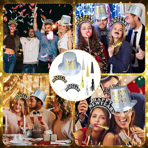 Shappy 100 Pcs New Years Eve Party Supplies 2024 New Year Party Kit Includes 10 Top Hats 25 Tiaras Headbands 50 Noisemakers in Kuwait
