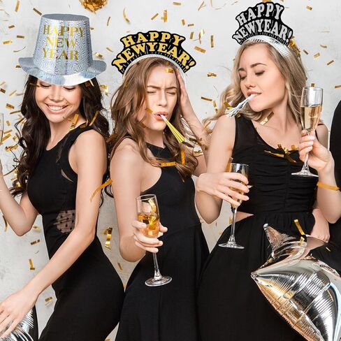 Shappy 100 Pcs New Years Eve Party Supplies 2024 New Year Party Kit Includes 10 Top Hats 25 Tiaras Headbands 50 Noisemakers in Kuwait