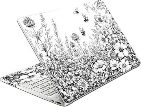 Laptop Skin Decal HP 15.6" - Black White Botanical, Laptop Cover Sticker, No Cutting Required, No Bubble, Waterproof, Scratch Resistant - Including Wide Screen and Wrist Pad in Saudi Arabia