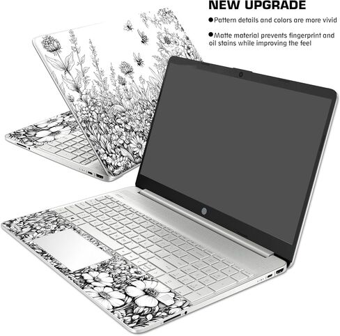 Laptop Skin Decal HP 15.6" - Black White Botanical, Laptop Cover Sticker, No Cutting Required, No Bubble, Waterproof, Scratch Resistant - Including Wide Screen and Wrist Pad in Saudi Arabia