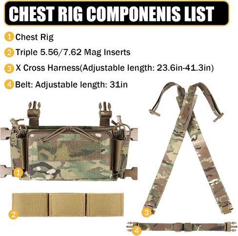 Tactical Chest Rig With Triple 5.56/7.62 Mag Pouch Insert X-Harness Mounted Chest Rig Adjustable&Detachable for Shooting Hunting in Kuwait