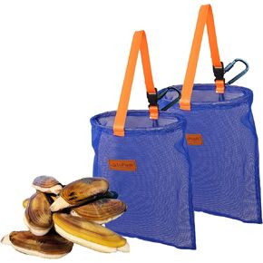Clam Bag with Carabiner 2 Pack – Heavy-Duty Clam Net with Coated Mesh and Steel Ring – for Razor Clams, Clamming & Surf Fishing – Handheld or Belt Carry