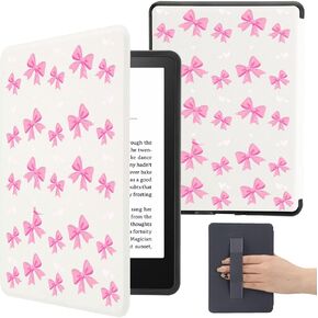 Cute Cherry Red Bow Case for 7" Kindle Paperwhite(12Th Gen,2024)&Kindle Colorsoft Stylish Exquisite Cover with Hand Strap Soft Pu Leather Case Compatible with Kindle Basic Auto Sleep&Wake