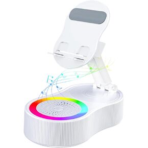 Arshipscho Nominateh Cell Phone Stand, 2025 Upgraded Wireless Induction Audio Bluetooth Speaker Phone Holder with Colorful Ambient Light, Emergency Rechargeable, 360° Foldable (White)