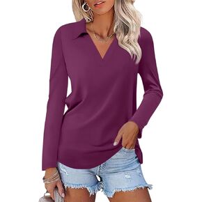 ORANDESIGNE Women's Long Sleeve Polo Shirts Casual Color Block V Neck Tops Fall Collar Ladies Tunics Tees