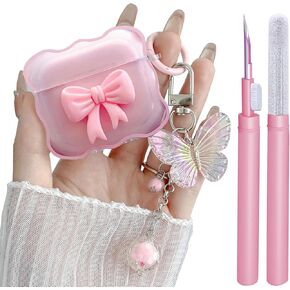 Compatible with AirPods 4 Clear Case Pink, 3D Bow Pattern Desiged iPods 4 Cases with Cute Butterfly Keychain, Soft TPU Protective Shockproof Case and Cleanner Kit for Airpod 4 for Girls Women Pink