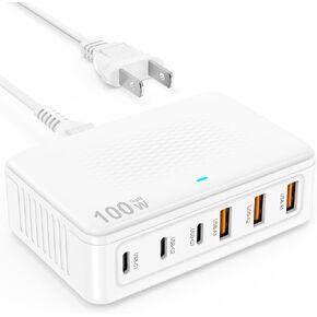 USB C Charger Block, 100W GaN 6 Port Fast USB Charging Station Hub, Wall Charger Power Adapter Plug Cube Brick for Apple iPhone 16 15 14 13 12 11 Pro Max/iPad/Pixel/Samsung Galaxy S25 S24,5FT Cord