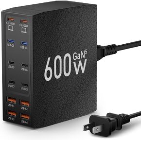 600W USB C Charger Block, 12 Port Fast Charging Station with Dual PD 100W Leather Texture Laptop Charger Adapter for Multiple Devices Compatible for MacBook Pro/Air,iPhone,iPad,Galaxy,Dell (Black)