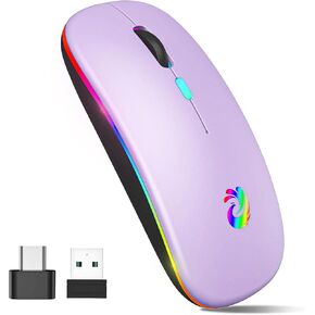 aMZCaSE LED Wireless Mouse, Rechargeable Slim Silent Mice 2.4G Portable Office Optical Mouse with USB Receiver and Type-C Adapter, 3 Adjustable DPI for Laptop, Computer, PC, Notebook, Desktop (Black)