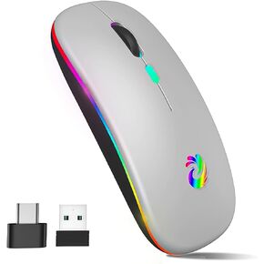 Amzcase LED الماوس اللاسلكي ، الفئران الصامتة القابلة لإعادة الشحن الفئران الصامتة 2.4G الماوس البصري المحمول مع مستقبل USB ومحول Type-C ، 3 DPI قابل للتعديل للكمبيوتر المحمول ، الكمبيوتر ، الكمبيوتر ، دفتر الملاحظات ، سطح المكتب (أسود) in Kuwait