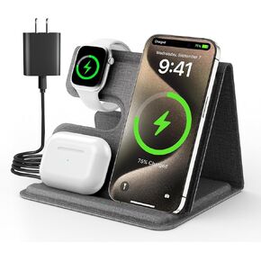 Wireless Charger iPhone Charging Station, 3 in 1 Charger Stand for Apple Multiple Devices iPhone 17Plus 17 16e 16 15 14 13 12 Pro Max and Samsung Galaxy S24/S25 iWatch Series & Airpods 4 3 2 Pro