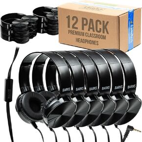 Barks Classroom Headphones with Microphone (12 Pack, Sable) - Upgraded On-Ear Bulk Headphones for School: Best for Students K-12 Classrooms (Inline Microphone, Good Recording Quality)