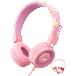 SIMJAR Unicorn Headphones with Microphone for School, Unicorn Rubber Band Included, Volume Limiter 85/94dB, Wired Foldable Girls Headphones for Online Learning/Travel/Tablet/iPad (Pink)