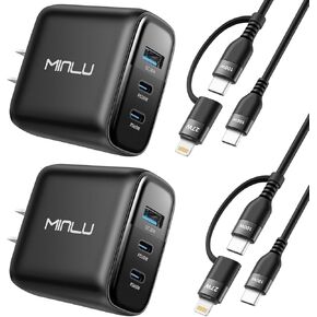 65W USB C Charger Block, MINLU GaN 3-Port Compact Fast PPS Wall Charger with 100W 2 in 1 USB-C to C/L Cable,Fast Charging for MacBook Pro/Air,iPad,iPhone 16/15 and More Series,Galaxy S24 UItra-2Pack