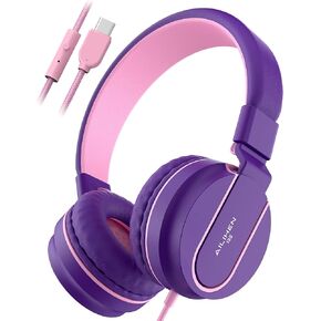 AILIHEN USB C Headphones Wired, I35 Kids Headphones with Microphone and Volume Limited 93dB, Super Soft Type C Headphone for School/Travel/iPhone 15-16/USB C Devices(Purple Pink)