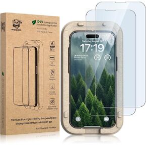 PandaShield 2-Pack Anti-Blue Light(TÜV RDF-30) Screen Protector for(iPhone 16/iPhone 15) 10X Strengthened 9H Tempered Glass with Paper Dust-Free Alignment Tool丨ECO-Friendly,Bubble Free,Case Friendly