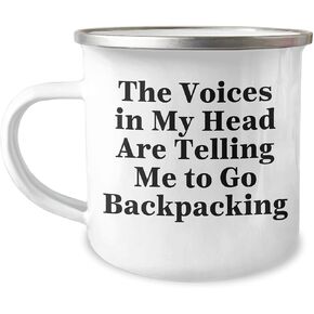 Funny Backpacking Quotes Gifts for Men, Camping Mug with Inspirational Quote 'The Voices In My Head Are Telling Me To Go Backpacking' from Friends, Camping Mug for Birthday