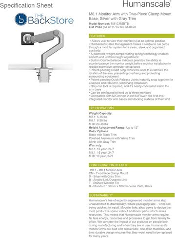 Humanscale M8.1 Adjustable Monitor Arm with Two Piece Clamp Mount and Base - Silver M81CMSBTB in Kuwait