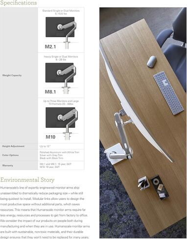 Humanscale M8.1 Adjustable Monitor Arm with Two Piece Clamp Mount and Base - Silver M81CMSBTB in Kuwait