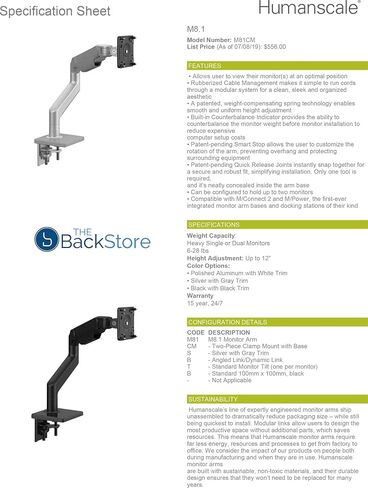 Humanscale M8.1 Adjustable Monitor Arm with Two Piece Clamp Mount and Base - Silver M81CMSBTB in Kuwait