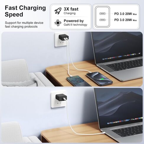 Susnwere 65W Dual USB C Charger Block, 3-Port 100W Fast USB-C Power Adapter Wall Charger Plug Type C Charging Adapter for Laptop & Tablets/Android Phones iPhone 17/16/15 Pro Max, iPad Pro/Air/mini in Kuwait