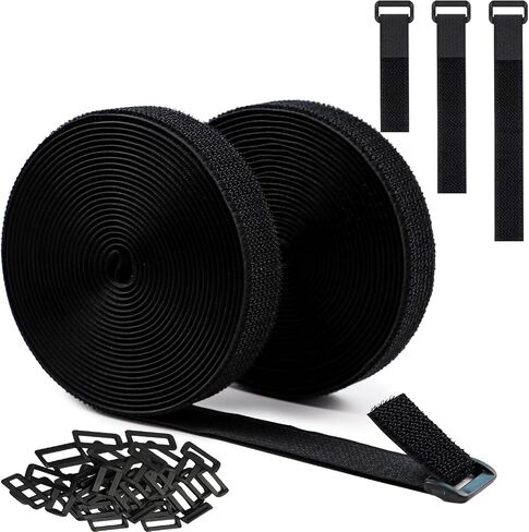 Hook and Loop Cable Straps 1" x 16.5 Ft with 24 Buckles Adjustable Fastening Reusable Nylon Securing Cord Cinch Strap Ties Free Cut for Cable Management RV Workshop DIY (Black) in Kuwait