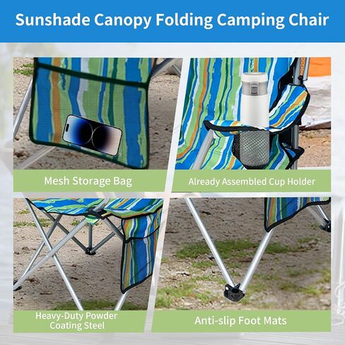 Portable Camping Chair with Adjustable Canopy Shade- Folding Camping Lounge Chair with Cup Holder & Side Pocket for Outdoor Camping, Fishing, Beach - Support 330 LBS (Streak) in Saudi Arabia