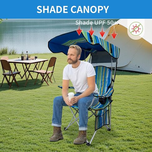 Portable Camping Chair with Adjustable Canopy Shade- Folding Camping Lounge Chair with Cup Holder & Side Pocket for Outdoor Camping, Fishing, Beach - Support 330 LBS (Streak) in Saudi Arabia