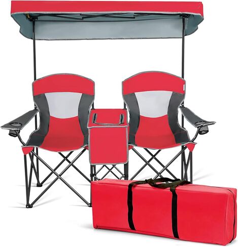 S AFSTAR Double Camping Chair w/Shade Canopy, 2-Person Folding Camp and Beach Chair with Mini Table Beverage Cup Holder Carrying Bag, Collapsible Camping Chairs for Garden Patio Pool Beach in Kuwait