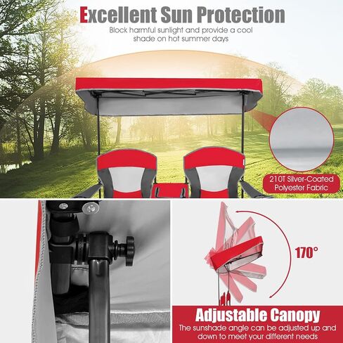 S AFSTAR Double Camping Chair w/Shade Canopy, 2-Person Folding Camp and Beach Chair with Mini Table Beverage Cup Holder Carrying Bag, Collapsible Camping Chairs for Garden Patio Pool Beach in Kuwait