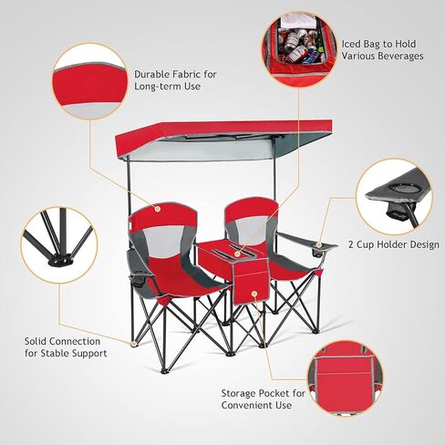 S AFSTAR Double Camping Chair w/Shade Canopy, 2-Person Folding Camp and Beach Chair with Mini Table Beverage Cup Holder Carrying Bag, Collapsible Camping Chairs for Garden Patio Pool Beach in Kuwait