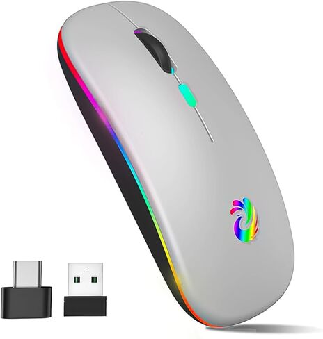 aMZCaSE LED Wireless Mouse, Rechargeable Slim Silent Mice 2.4G Portable Office Optical Mouse with USB Receiver and Type-C Adapter, 3 Adjustable DPI for Laptop, Computer, PC, Notebook, Desktop (Black) in Kuwait