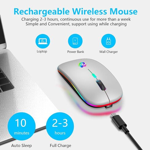 aMZCaSE LED Wireless Mouse, Rechargeable Slim Silent Mice 2.4G Portable Office Optical Mouse with USB Receiver and Type-C Adapter, 3 Adjustable DPI for Laptop, Computer, PC, Notebook, Desktop (Black) in Kuwait