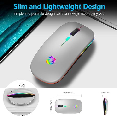 aMZCaSE LED Wireless Mouse, Rechargeable Slim Silent Mice 2.4G Portable Office Optical Mouse with USB Receiver and Type-C Adapter, 3 Adjustable DPI for Laptop, Computer, PC, Notebook, Desktop (Black) in Kuwait