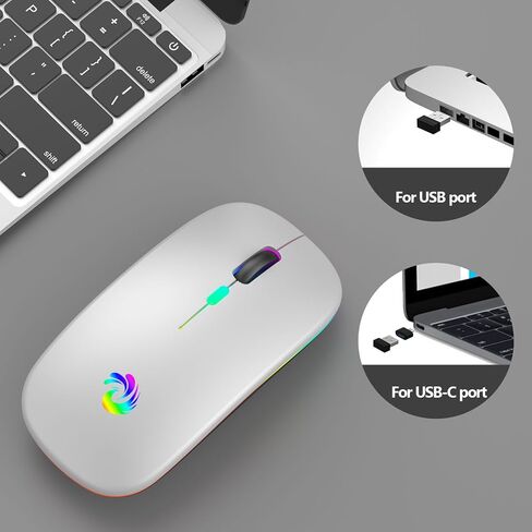 aMZCaSE LED Wireless Mouse, Rechargeable Slim Silent Mice 2.4G Portable Office Optical Mouse with USB Receiver and Type-C Adapter, 3 Adjustable DPI for Laptop, Computer, PC, Notebook, Desktop (Black) in Kuwait