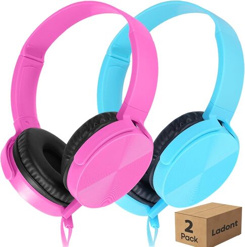 2 Pack Kids Headphones for School Classroom K-12, Swivel Foldable, HD Stereo, 3.5mm Jack Wired Headphone for Kids Children Student (Blue+Pink) in Kuwait