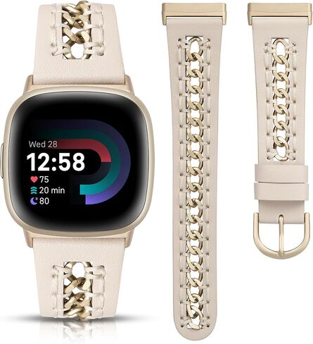 Minyee Leather Band Compatible with Fitbit Versa 4/3/Fitbit Sense 2/1 Bands Women, Dressy Premium Leather Designer Strap with Stainless Steel Metal Chain for Versa 3 4 Sense 2 Smartwatch in Saudi Arabia
