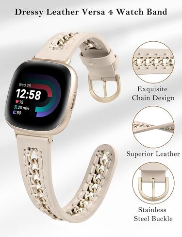 Minyee Leather Band Compatible with Fitbit Versa 4/3/Fitbit Sense 2/1 Bands Women, Dressy Premium Leather Designer Strap with Stainless Steel Metal Chain for Versa 3 4 Sense 2 Smartwatch in Saudi Arabia