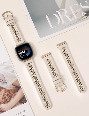 Minyee Leather Band Compatible with Fitbit Versa 4/3/Fitbit Sense 2/1 Bands Women, Dressy Premium Leather Designer Strap with Stainless Steel Metal Chain for Versa 3 4 Sense 2 Smartwatch in Saudi Arabia