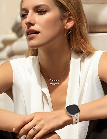 Minyee Leather Band Compatible with Fitbit Versa 4/3/Fitbit Sense 2/1 Bands Women, Dressy Premium Leather Designer Strap with Stainless Steel Metal Chain for Versa 3 4 Sense 2 Smartwatch in Saudi Arabia