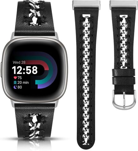Minyee Leather Band Compatible with Fitbit Versa 4/3/Fitbit Sense 2/1 Bands Women, Dressy Premium Leather Designer Strap with Stainless Steel Metal Chain for Versa 3 4 Sense 2 Smartwatch in Saudi Arabia