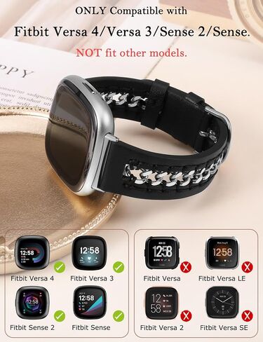 Minyee Leather Band Compatible with Fitbit Versa 4/3/Fitbit Sense 2/1 Bands Women, Dressy Premium Leather Designer Strap with Stainless Steel Metal Chain for Versa 3 4 Sense 2 Smartwatch in Saudi Arabia