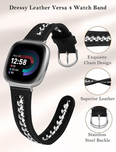 Minyee Leather Band Compatible with Fitbit Versa 4/3/Fitbit Sense 2/1 Bands Women, Dressy Premium Leather Designer Strap with Stainless Steel Metal Chain for Versa 3 4 Sense 2 Smartwatch in Saudi Arabia