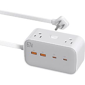 67W GaN Charging Station Surge Protector,6 FT Flat Extension Cord, 12 in 1 USB Power Strip, with 8 AC,2 USB A & 2 USB C,for MacBook Pro iPhone & More