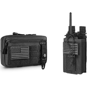 Tactical Molle Admin Pouch with USA Flag Patch and Keychain & Tactical Radio Holder Radio Holster Molle Radio Pouch for Police Firefighter Two Ways Walkie Talkies Vest