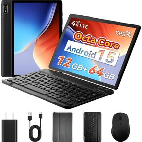 [2-in-1] Android Tablet 10 بوصة Android 15 Tablet مع لوحة المفاتيح ، و 4G LTE Cellular ، و IPS شاشة ، ومعالج Mediatek Octa Core ، 12 جيجابايت+64 جيجابايت ، 2 تيرابايت قابلة للتوسيع ، 5g Wi-Fi ، GPS ، 2 في 1 tableta مع العلبة ، الماوس ، الماوس