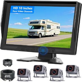 10 بوصة RV كاميرا سلكية نظام سلكي ، 4 HD 1080p عرض خلفي IP68 كاميرات مقاومة للماء شاشة تقسيم رباعي ، مع رؤية ليلية ملونة ، 150 درجة عرضة عرض وحلقة كاميرات RV ، شاحنة ، مقطورة