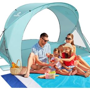 Beach Tent Sun Shelter, Beach Tent with Beach Mat Set, 4 Person Portable Beach Shade Canopy with UPF 50＋ UV Protection, Dual-Door Ventilation Design, Easy Setup Family Beach Umbrella (Blue) in Kuwait