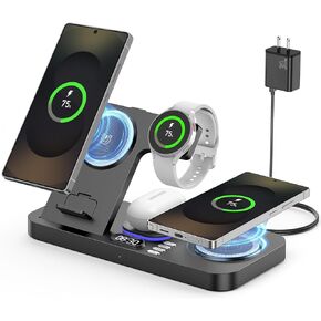 2025 Wireless Charger for Samsung, 6 in 1 Charging Station,30W Dual Wireless Charger Phone with Clock & 7-Color Night Light,for Samsung S25,for Galaxy Buds for Samsung Galaxy Watch