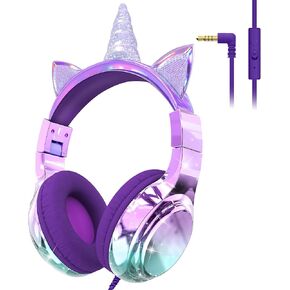 QearFun Kids Cat Ear Headphones with Cord for Girls with Microphone, 85/94dB Safe Volume Limiter, Share Port, Foldable Sparkly Wired Headset for School, Travel, Tablet, iPad - Purple
